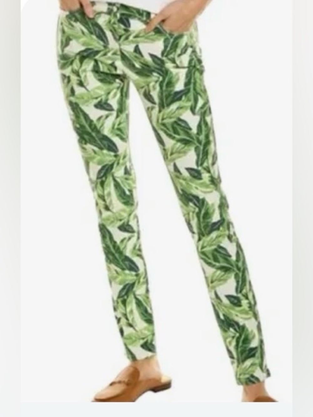 Women’s J. McLaughlin Green & White Tropical Print Skinny Leg Pants Size 14